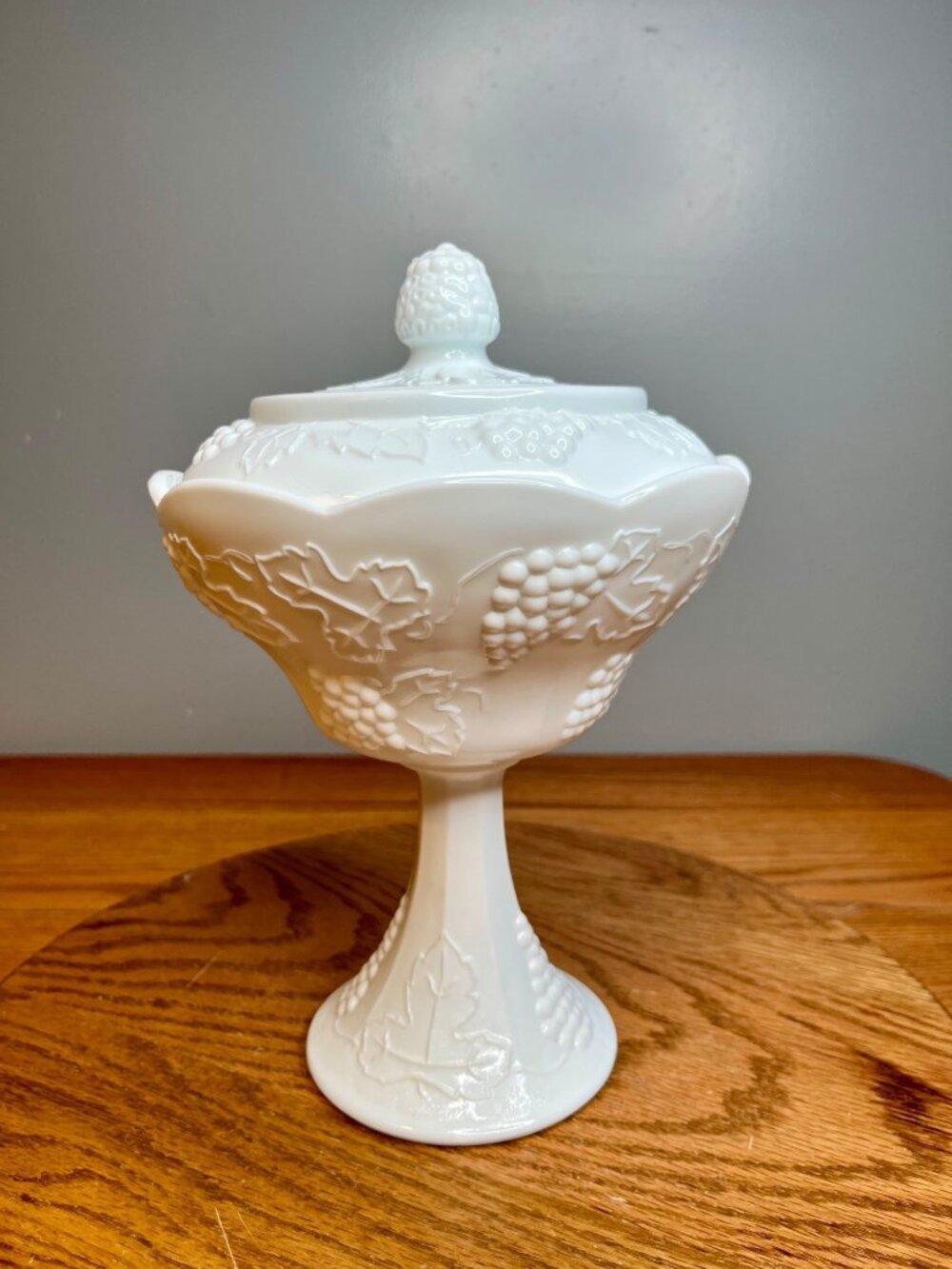 ndiana Glass Milk Glass Tall  10 " Covered Compote Candy Dish Harvest Grape Desi